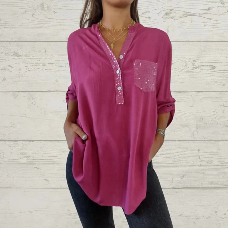 ⏳Vendita a tempo limitato🌸Camicia da donna con scollo a V e patchwork di paillettes