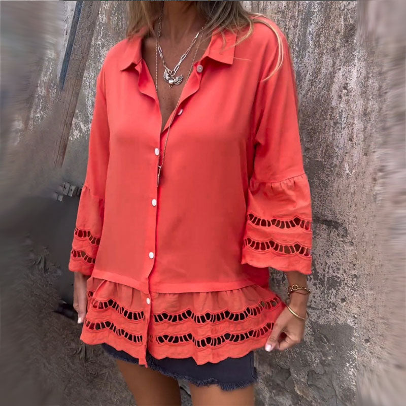 💕 Élégant et confortable 💖Chemise à manches mi-longues avec motif patchwork creux