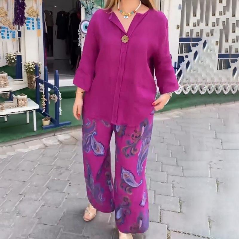 📦Livraison gratuite💖Ensemble 2 pièces chemise à manches longues et pantalon ample pour femme avec imprimés décontractés✨