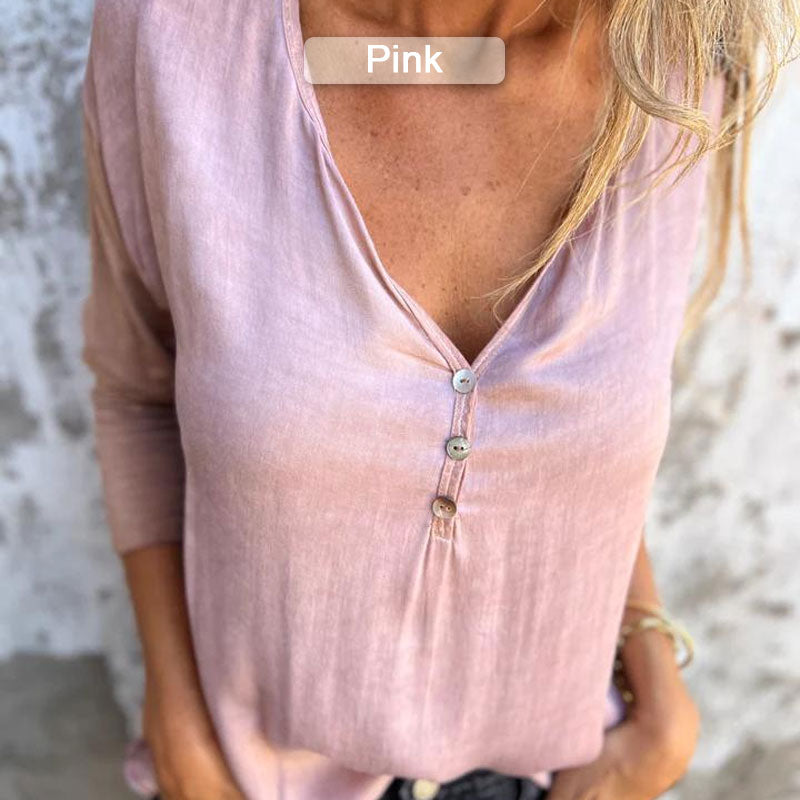 Top de manga larga de un solo color con un cuello en V para mujeres