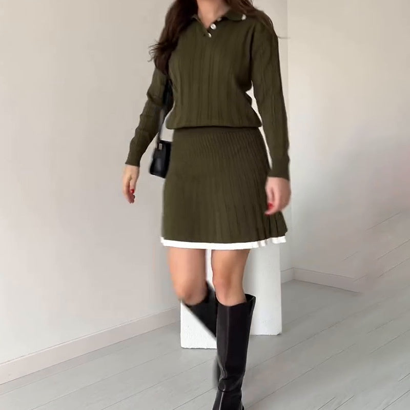🌸Todelt sett med strikket genser og kort skjørt for kvinner💖👗