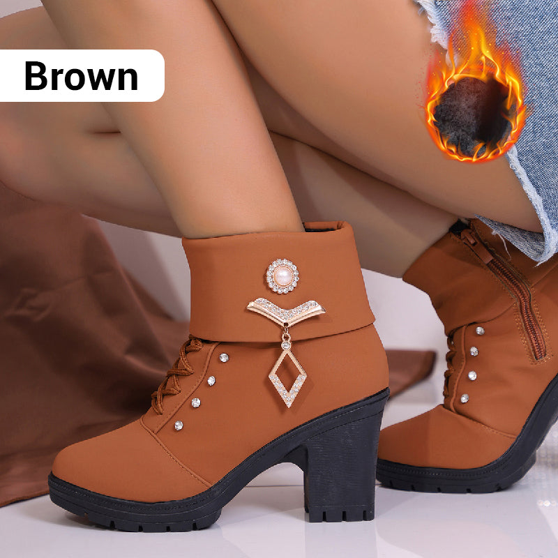 🔥Solange der Vorrat reicht 40 % Rabatt!🎉Damen Stiefeletten mit dickem Absatz und Strass-Dekor