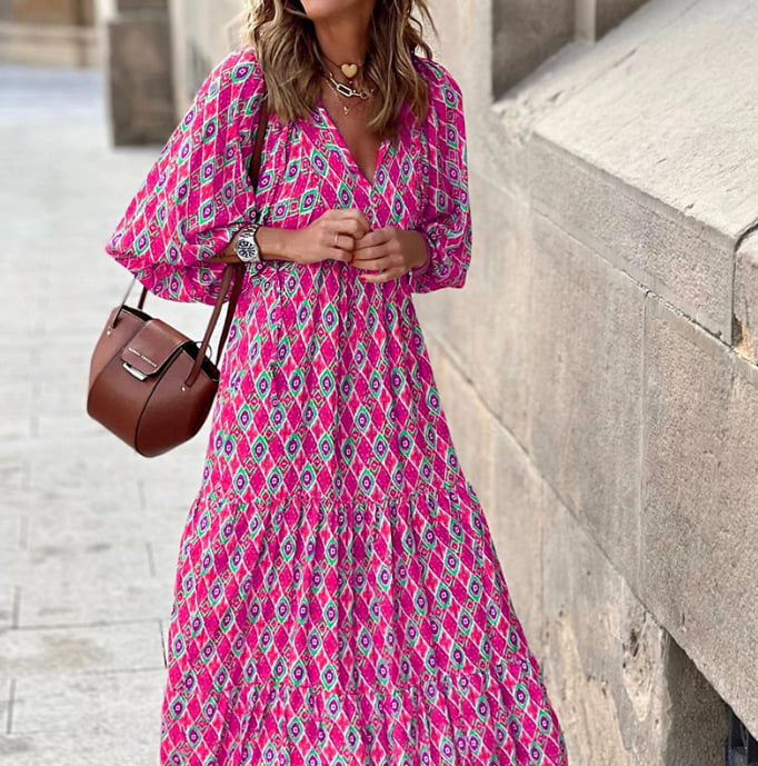 👗Elegante vestido largo bohemio con mangas abullonadas y estampado floral.