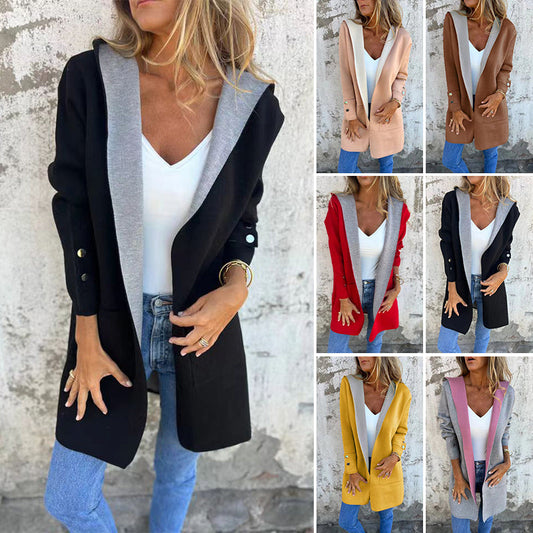 Giacca con cappuccio di cardigan bloccato a colori da donna