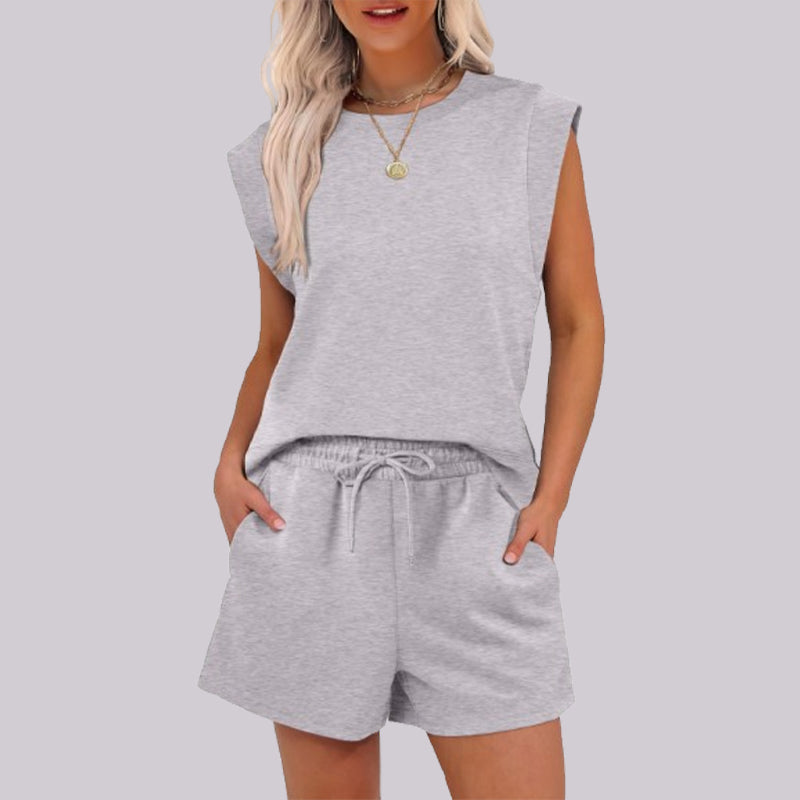đ„2-teiliges Set mit Oberteil mit FlĂŒgelĂ€rmeln und Rundhalsausschnitt und Shorts mit Kordelzug fĂŒr Damen