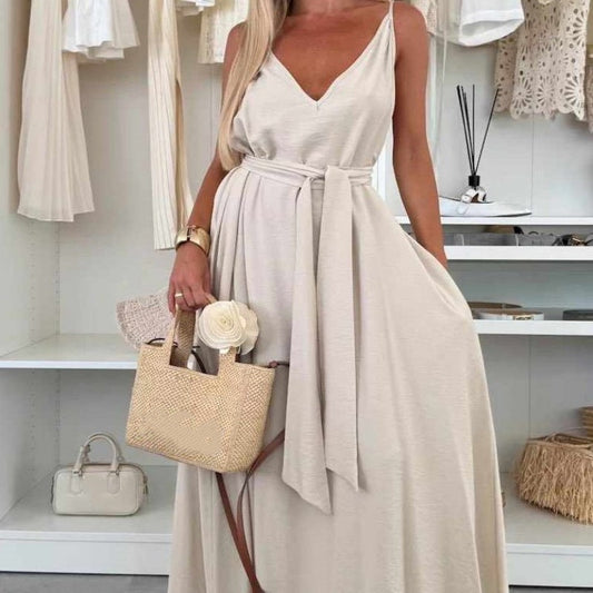 💚Elegantes Maxikleid mit V-Ausschnitt und Taillenband für Damen