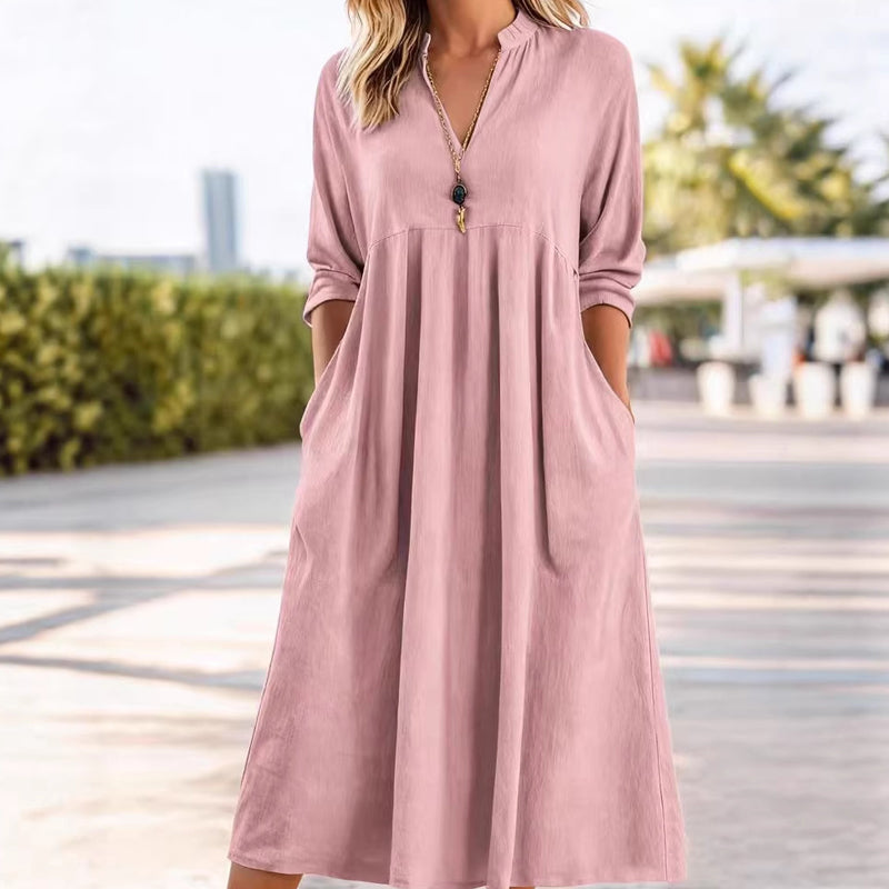 🔥Solange der Vorrat reicht 40 % Rabatt!🎉Damen Freizeit V-Ausschnitt Midi Kleid mit Taschen💞