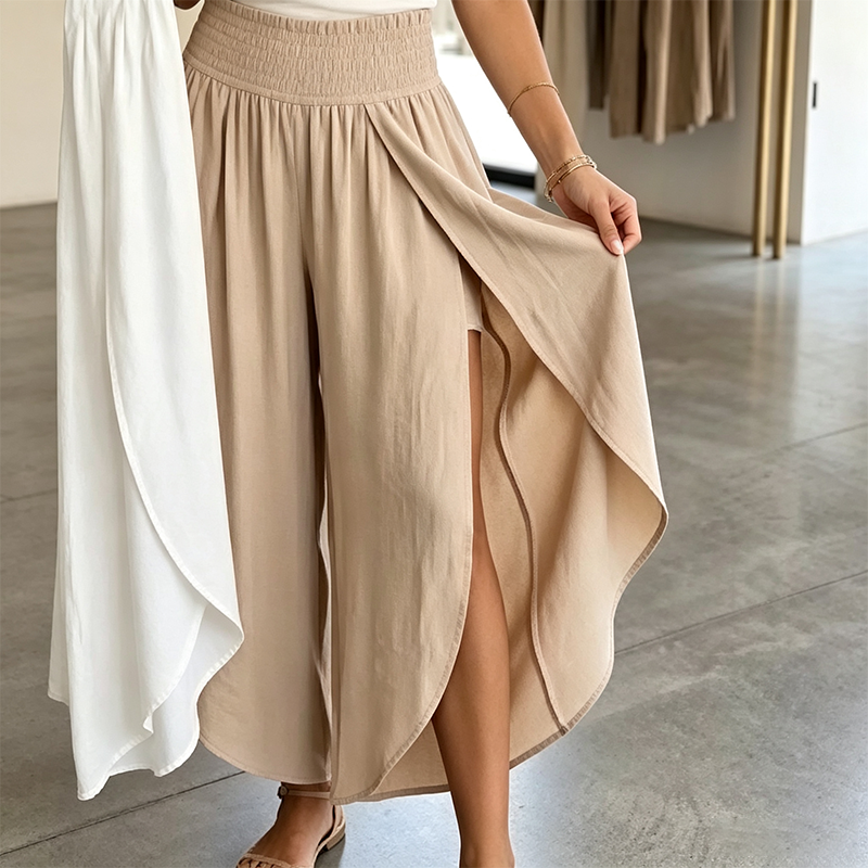 🎉 BEGRENZTE ZEIT 50% RABATT! 🌸 Damen Sommer Casual Palazzo-Hose mit Gesmoktem Bund & Schlitz – Luftige Bewegungsfreiheit & Eleganter Fall ☀️