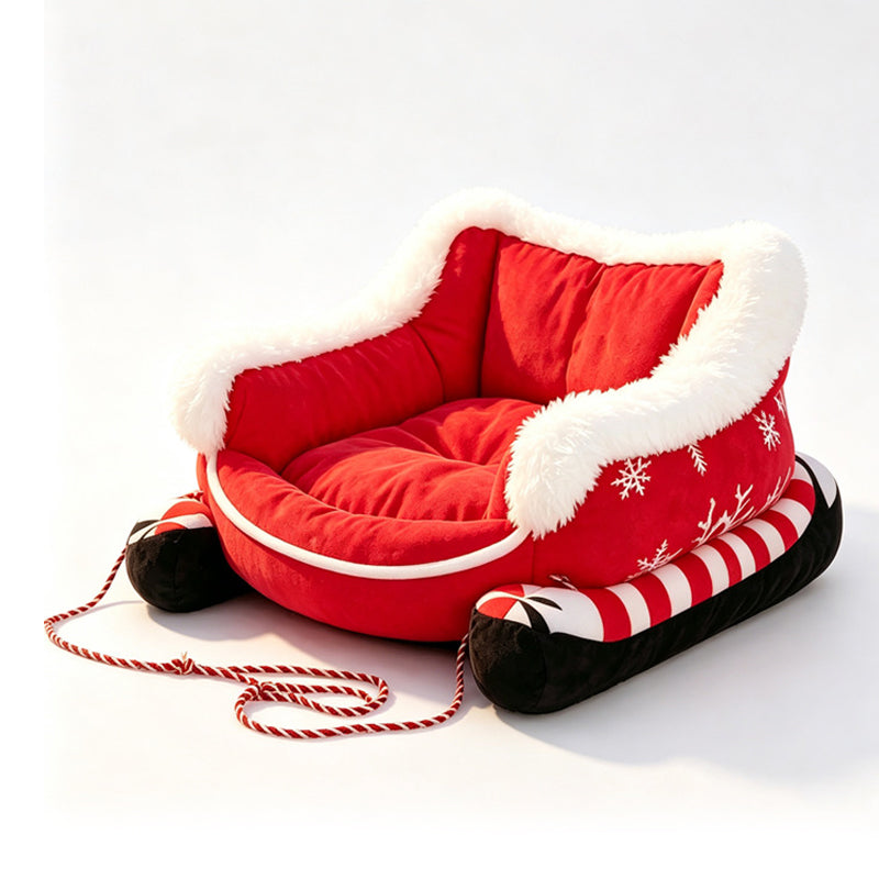 🎄 50% Rabatt!🐶🐱 Weihnachtsschlitten-Haustierbett mit abnehmbarem Kissen – festlich & kuschelig