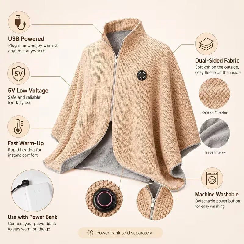 🛋️❤️Freihändig tragbarer, mit Reißverschluss versehener, beheizbarer USB-Schal | Schnelle Erwärmung für die Arbeit am Schreibtisch und zum Entspannen in Innenräumen🧣