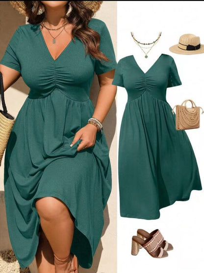 👗 50% RABATT! ⏰ Midi-Kleid in Übergröße mit V-Ausschnitt & Rüschen – Kurze Ärmel, weicher Stoff – Perfekt für warme Tage, elegante Anlässe oder den Alltag – bequem & stilvoll ✨🌸