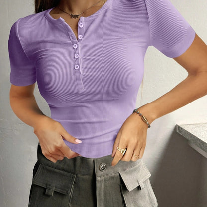 🔥Solange der Vorrat reicht 40 % Rabatt!🎉Damen Kurzarm-Henley-Shirt aus Rippstrick