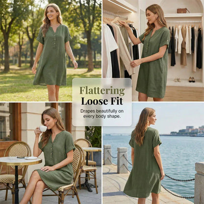 🔥Letzter Tag: 50% Rabatt!⏰👗Rabatt Damen Tunika-Kleid mit V-Ausschnitt & Taschen 🌊 Lässiges Kleid in Leinenoptik für Sommer, Strand & Alltag