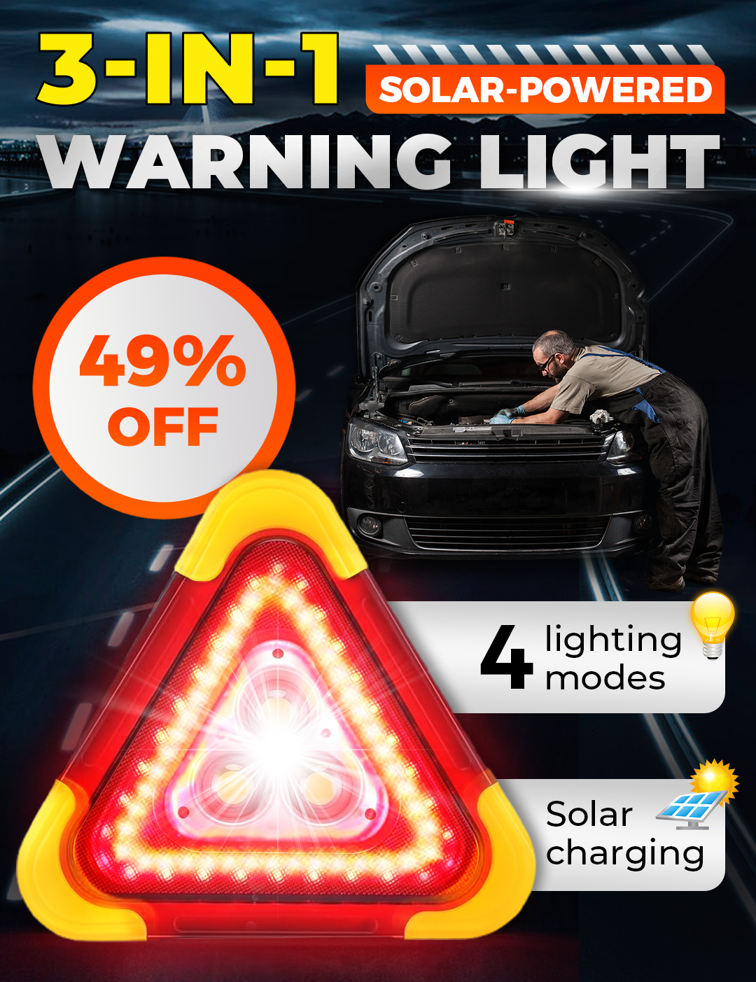 🚗🆘3-IN-1 Dreieckige Solar-Notfall-Signalleuchte für den Straßenrand✨