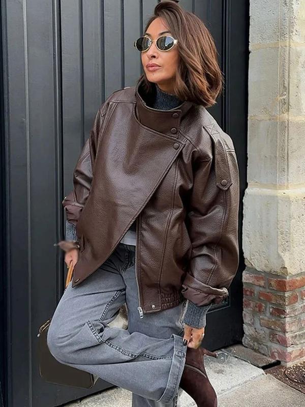 🔥Solange der Vorrat reicht 40 % Rabatt!🎉Schwarze Kunstlederjacke mit Stehkragen, übergroße Motorradjacke