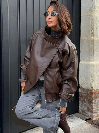 🔥Solange der Vorrat reicht 40 % Rabatt!🎉Schwarze Kunstlederjacke mit Stehkragen, übergroße Motorradjacke