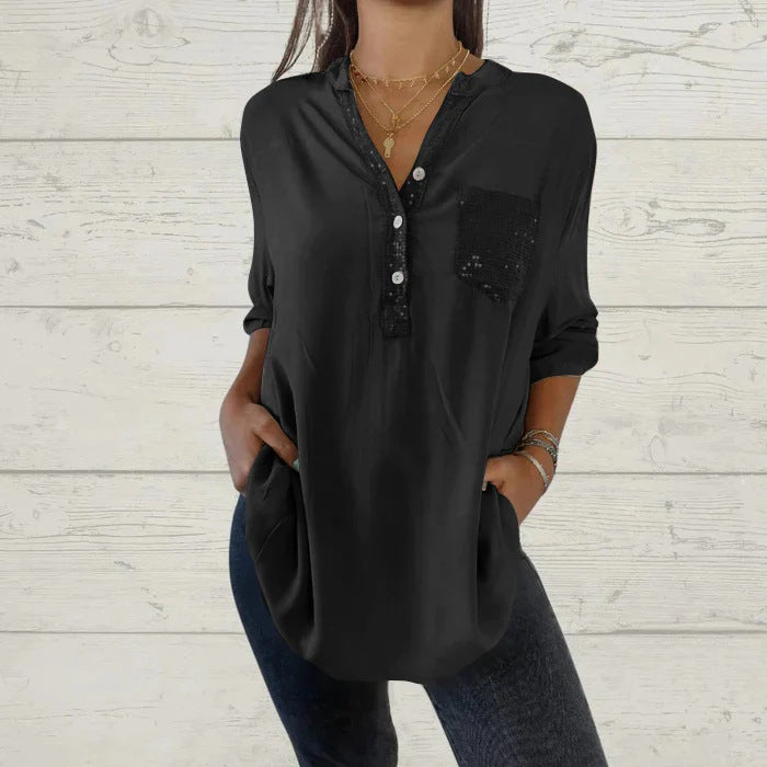 ⏳Vendita a tempo limitato🌸Camicia da donna con scollo a V e patchwork di paillettes