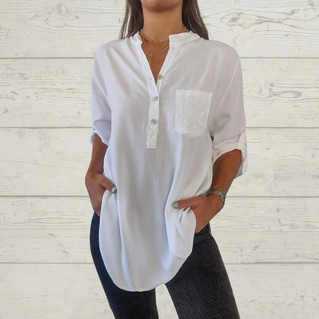⏳Vendita a tempo limitato🌸Camicia da donna con scollo a V e patchwork di paillettes