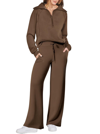 🔥Damen-Loungeset aus 2 Teilen mit Oversize-Schnitt, halbem Reißverschluss und weitem Bein