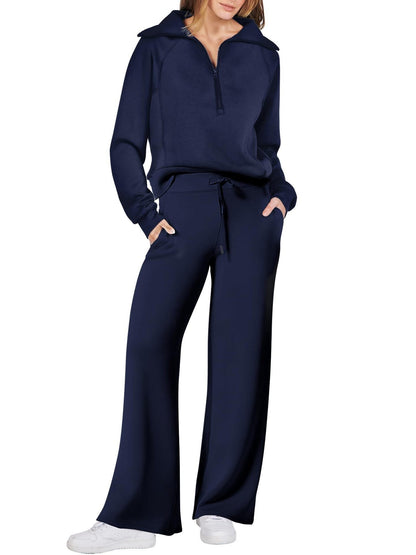 🔥Damen-Loungeset aus 2 Teilen mit Oversize-Schnitt, halbem Reißverschluss und weitem Bein