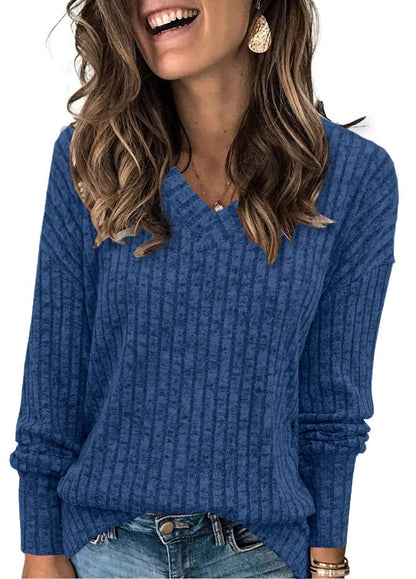 🔥Solange der Vorrat reicht 40 % Rabatt!🎉Damen-Pullover mit V-Ausschnitt und langen Ärmeln in Uni-Farbe