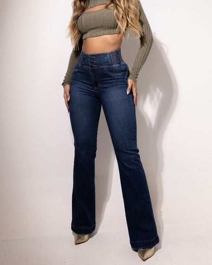 👖💕 Stretch-Schlagjeans mit hohem Bund – Perfekt für den Frühling! ✨ Bequem, schlank, nachhaltig 👖 Ideal für Alltag & Freizeit.