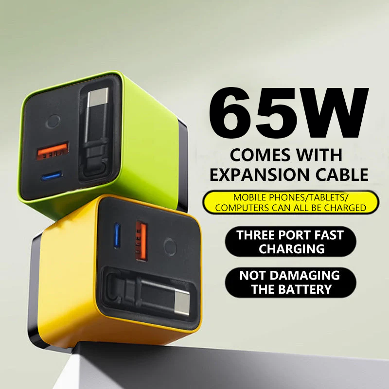 ❄️Sommerfrische 50 % Rabatt!⚡65W GaN-Schnellladegerät 3-in-1 – kompakter USB-C Ladeadapter mit einziehbarem Kabel für Handy, Tablet & Laptop
