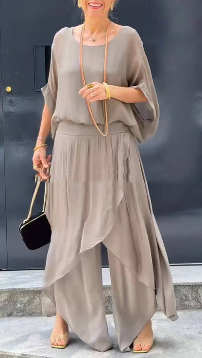 💗Ensemble 2 pièces en mousseline avec un haut ample et un pantalon à larges fentes