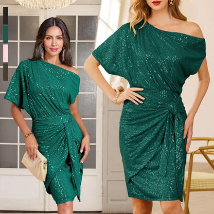 💃Vestido de fiesta con lentejuelas brillantes y un solo hombro para mujer✨