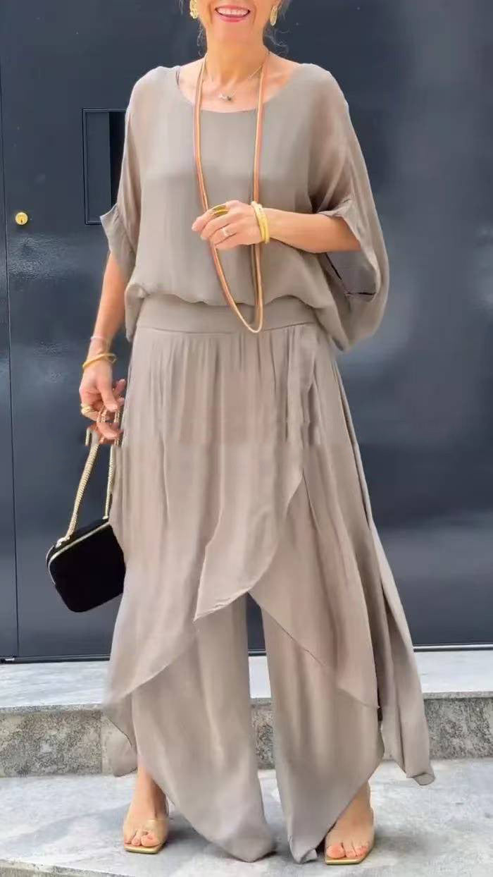 💗Ensemble 2 pièces en mousseline avec un haut ample et un pantalon à larges fentes