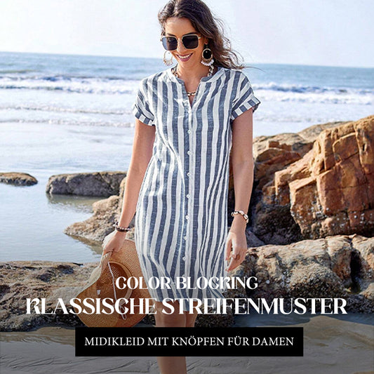🌸✨Midikleid mit Streifenmuster & Knöpfen für Damen