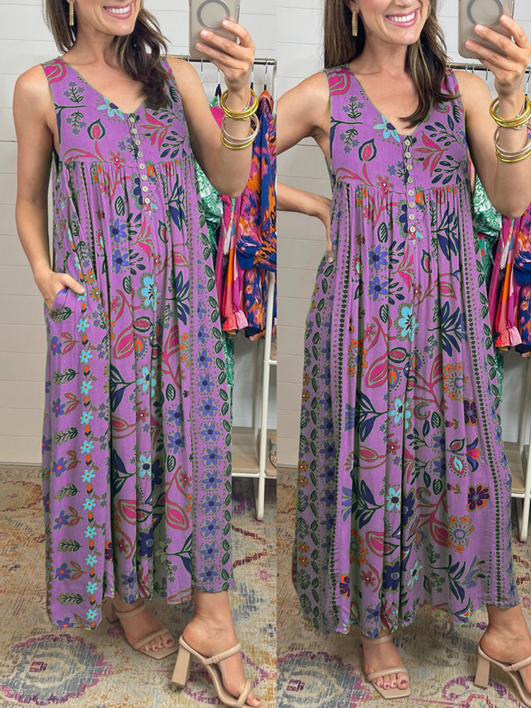 🔥50 % rabatt i spesialtilbud🔥Løs ermeløs jumpsuit i vintage-stil med blomstertrykk