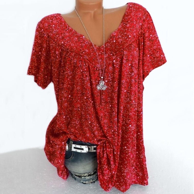 👚 50% RABATT! 🌸 Damen Kurzarmbluse mit Frühlingsblumenprint – V-Ausschnitt, Atmungsaktiv & Knitterfrei 🌿