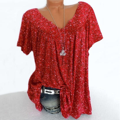 👚 50% RABATT! 🌸 Damen Kurzarmbluse mit Frühlingsblumenprint – V-Ausschnitt, Atmungsaktiv & Knitterfrei 🌿