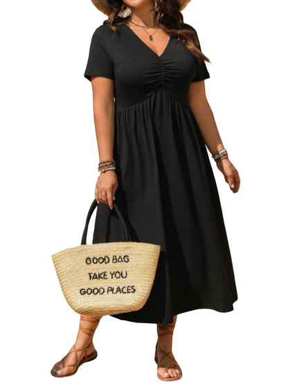 👗 50% RABATT! ⏰ Midi-Kleid in Übergröße mit V-Ausschnitt & Rüschen – Kurze Ärmel, weicher Stoff – Perfekt für warme Tage, elegante Anlässe oder den Alltag – bequem & stilvoll ✨🌸