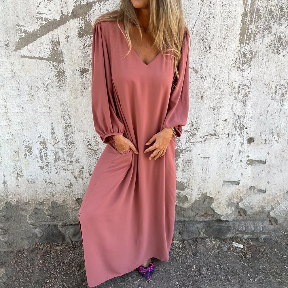 🔥Saldi eccezionali 49% di sconto🔥Abito con maniche a lanterna in tinta unita con scollo a V