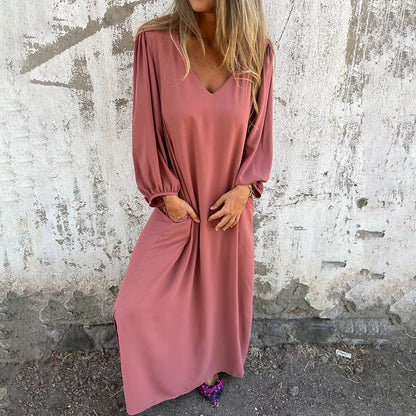 🔥Saldi eccezionali 49% di sconto🔥Abito con maniche a lanterna in tinta unita con scollo a V