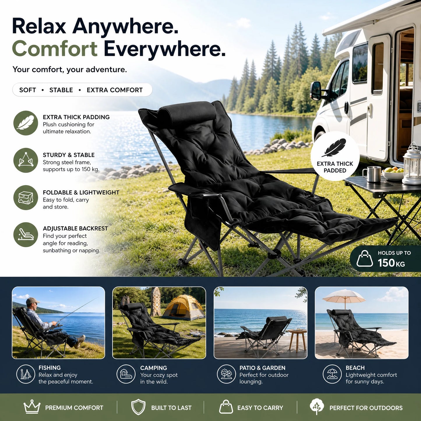 🪑 Tragbarer verstellbarer Klappstuhl für Außenbereich – Leicht, stabil & vielseitig – Ideal für Garten, Camping, Strand oder Terrasse – einfacher Transport und Aufbau 🏕️✨