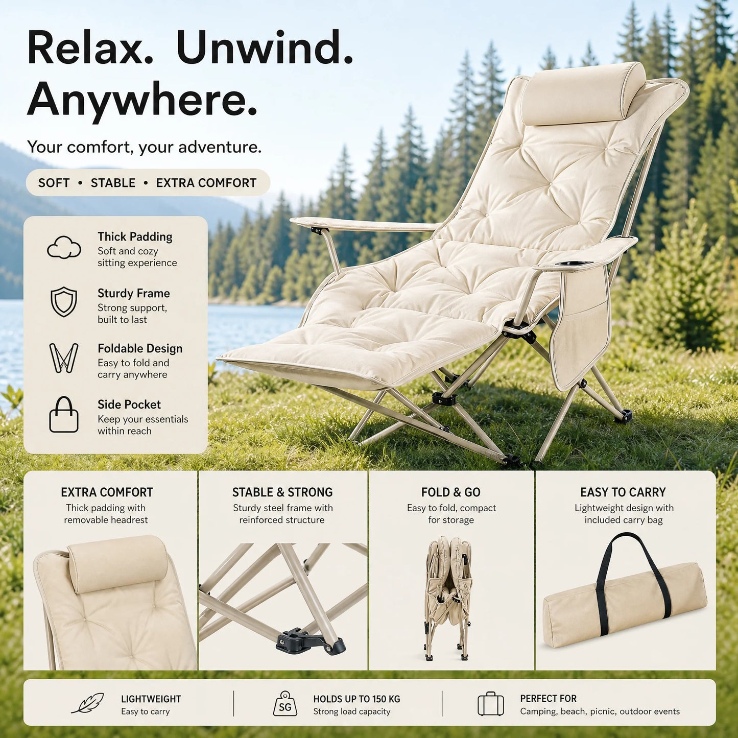 🪑 Tragbarer verstellbarer Klappstuhl für Außenbereich – Leicht, stabil & vielseitig – Ideal für Garten, Camping, Strand oder Terrasse – einfacher Transport und Aufbau 🏕️✨