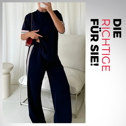 Damen-Zweiteiler: Gestreiftes T-Shirt & Jogginghose mit weitem Bein