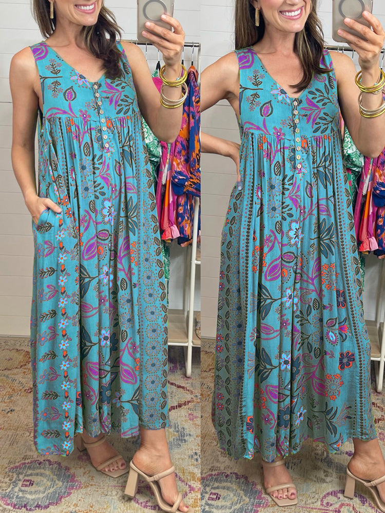 🔥50 % rabatt i spesialtilbud🔥Løs ermeløs jumpsuit i vintage-stil med blomstertrykk