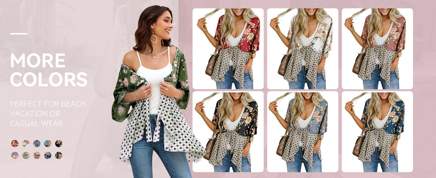 📢📢Großer Ausverkauf läuft!⏰🌸Damen-Kimonos mit Blumenmuster, Rüschenärmeln und Bindegürtel – luftige Boho-Cardigans im lockeren Schnitt