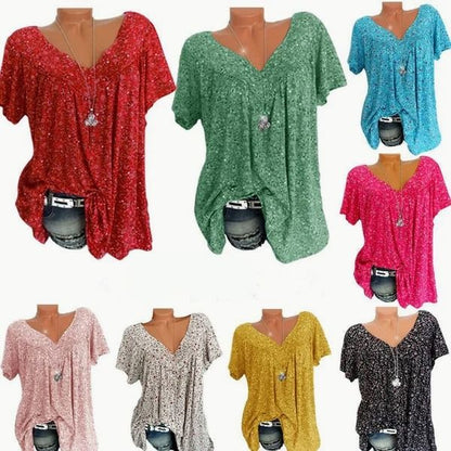 👚 50% RABATT! 🌸 Damen Kurzarmbluse mit Frühlingsblumenprint – V-Ausschnitt, Atmungsaktiv & Knitterfrei 🌿