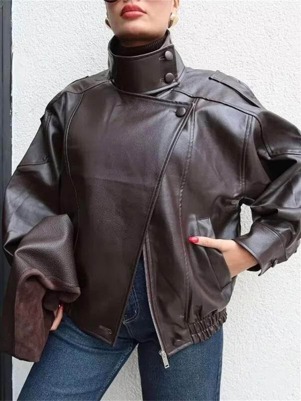 🔥Solange der Vorrat reicht 40 % Rabatt!🎉Schwarze Kunstlederjacke mit Stehkragen, übergroße Motorradjacke