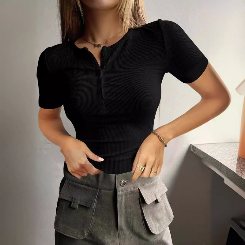 🔥Solange der Vorrat reicht 40 % Rabatt!🎉Damen Kurzarm-Henley-Shirt aus Rippstrick