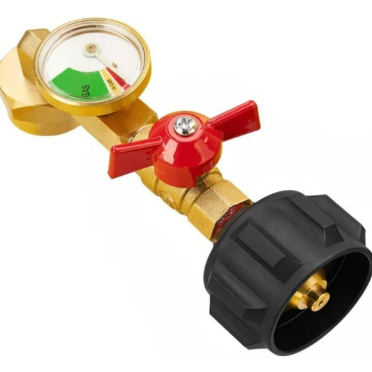 Propan refill angle adapter with fuel gauge
