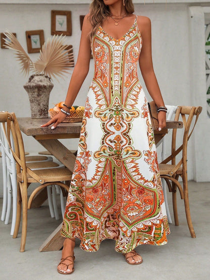 🔥Solange der Vorrat reicht 40 % Rabatt!🎉Retro-Print Maxikleid für Damen – Trägerlos mit V-Ausschnitt, Fließender Stoff & Perfekt für besondere Anlässe ✨