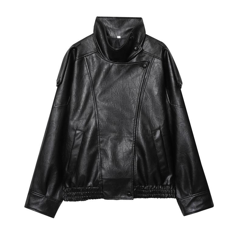 🔥Solange der Vorrat reicht 40 % Rabatt!🎉Schwarze Kunstlederjacke mit Stehkragen, übergroße Motorradjacke