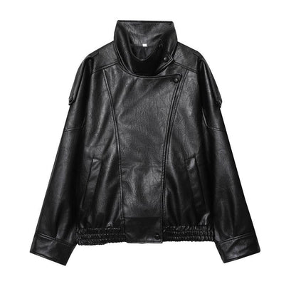 🔥Solange der Vorrat reicht 40 % Rabatt!🎉Schwarze Kunstlederjacke mit Stehkragen, übergroße Motorradjacke