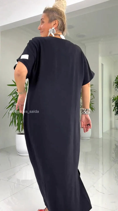 🌼49% Rabatt👗Schönes, lockeres Maxikleid mit abstraktem Gesichtsdruck in Schwarz und Weiß